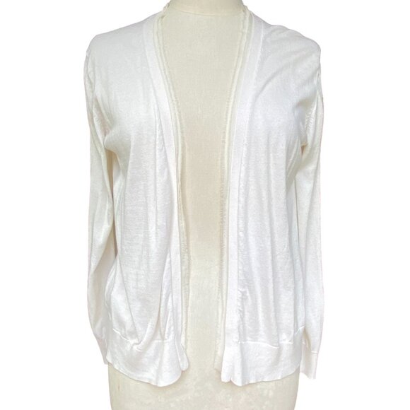 Tommy Bahama Open Front Cardigan Sz M Silk Fringe Trim Coastal Neutral Basic - Picture 1 of 11